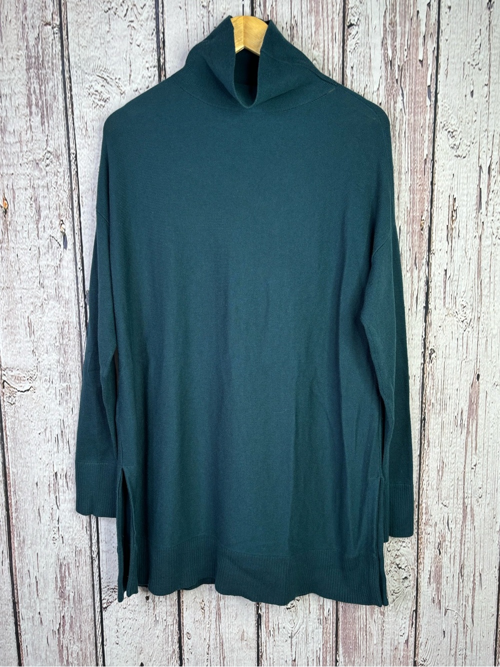 LOFT Size Medium Bluish-Green Tunic Sweater Turtleneck Side Slits Acrylic Nylon